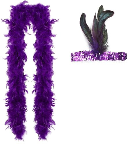 NHQ 2 Pezzi Boa Piume,1.8 M,con Cerchietto per Capelli con Piume di Paillettes Viola,Vestiti Anni 20,Decorazione Sciarpe per Festa in Abito da Sposa,Carnevale
