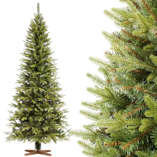 FAIRYTREES Weihnachtsbaum künstlich 220cm Nordmanntanne Bleistift Premium | Tannenbaum Holzständer | Made in EU | Christbaum künstlich mit Naturgetreue Spritzguss Elemente