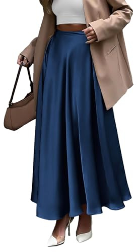 EMOTTOS Falda Satén de Cintura Alta Para Mujeres, Maxi Polisón Forjado Midi de Color Sólido Para Los Negocios, Negro/Azul S-XL