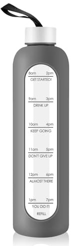 1 Liter Glas Wasserflasche mit Edelstahldeckel, 1000ml Sport-Trinkflasche mit Zeitmarkierung, wiederverwendbare Silikonhülle Flasche für Fitnessstudio, Outdoor-Aktivitäten, Reisen Workout (Grau)