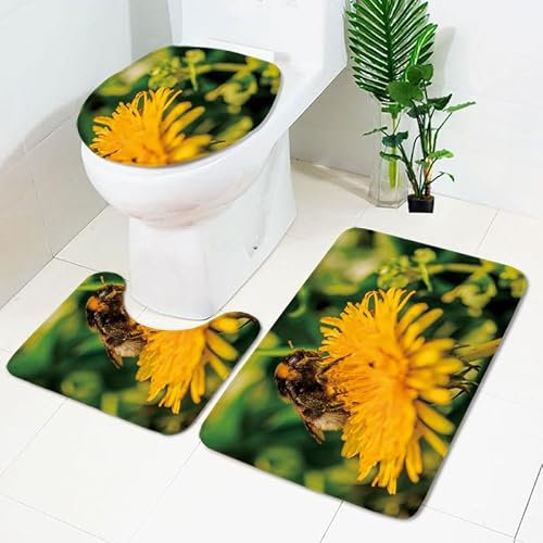 Bad Teppiche Set Gelbe Grüne Blüten Badezimmerteppich Waschbar WC Vorleger mit Ausschnitt und WC Deckelbezug 3 Teilig Badematte rutschfest Toilettensitzbezug Badgarnitur 50x80 cm