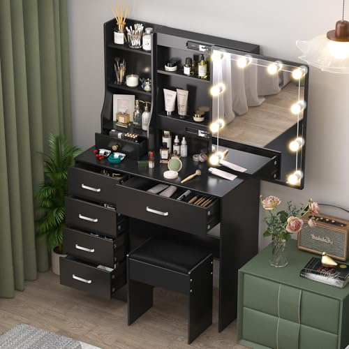 Ereousa Postazione Trucco con Sgabello e Specchio, Toilette Trucco con Luci, Luminosità regolabile, Toletta da Trucco con 6 Cassetti, 6 Ripiani, Nero 36x80x131cm, H010629