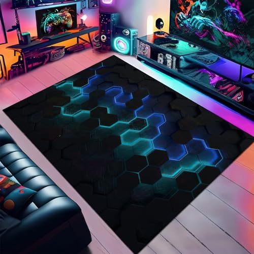 DLAYLQZG Spielteppich, 3D Modern Neon Line Visual Dazzling Geometric Rug, Coole Gamer Bodenmatte, Teenage Boys Gaming Zimmer Teppich Für Wohnzimmer Schlafzimmer E-Sport Zimmer (Farbe 2,80x120cm)