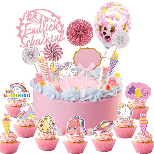Tortendeko Einschulung Deko Mädchen 2025-19Stk Einhorn Endlich Schulkind Kuchendeko Schulanfang Cupcake Einschulung Cake Topper Muffins Kuchen Deko für Schuleinführung Deko Einschulungsfeier Geschenk