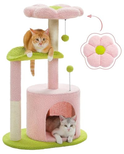 Rascador de flores para gatos de interior, torre pequeña con poste rascador de sa gatos de interior, torre pequeña con poste rascador de sisal, condominio suave, perchas de felpa (AMT0231PK)