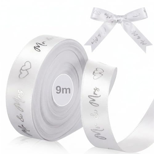 Xinnun Hochzeit Schleifenband 9 m x 15 mm Hochzeit Geschenkband, Silber | Mr & Mrs Deko Hochzeit Geschenkband, Herz Satinband, Hochzeitsband für Hochzeitsdeko, Geschenkpapier Hochzeit DIY