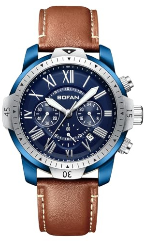 BOFAN Mens Watches Chronograph Quartz Watches for Men with Leather Strap,Multifunctional Vintage Dial,Auto Date,Water Resistant（Blue - Brown）