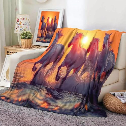Animation Decke 130x150cm, 3D Sonnenuntergang Laufen Pferd Muster Weich Warme Kuscheldecke, orange Flanell Fleecedecke Für Indoor-Aktivitäten Herbst Winter, Für Kinder Teens Erwachsene
