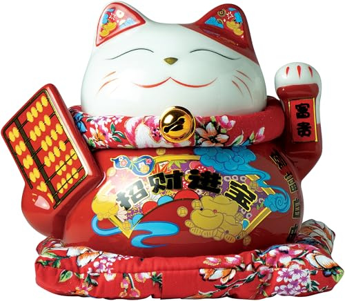 JADE TEMPLE Maneki Neko Winkekatze Rot mit Rechenschieber, Spardose, japanische Glücksbringer Katze, asiatisches Deko-Objekt, Porzellan, 14cm Höhe, 15cm Durchmesser, mit Kissen, 1 Stück in Geschenkbox