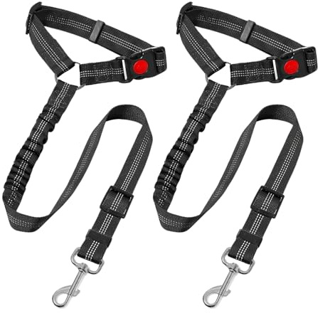 Dog Seat Belt 2 Packs, Adjustable Dog Car Harness, with Adjustable Heavy Duty Nylon and Anti Shock Elastic Bungee Buffer for Small Medium Large Dogs Pet (Black)