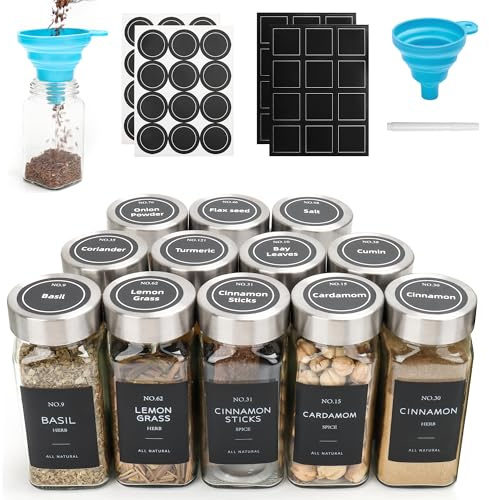 12er Set Gewürzdosen, 120ml eckige Gewürzgläser aus Glas, Gewürzbehälter, Gewürzgläser Set mit Edelstahl Deckel, Gewürzaufbewahrung mit Trichter, Etiketten, Für GewürzOrganizer, Schrank, Schublade