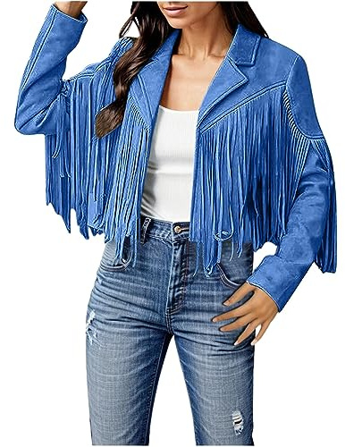 Damen Fransen Kunstlederjacken Langarm Cropped-Jacke Mit Quaste Hippie Cowgirl Cowboy Karneval Kostüm Outwear Mantel Motorradjacke Herbstjacke Jeansjacke Übergangsjacke Oktoberfest Festival Outfit