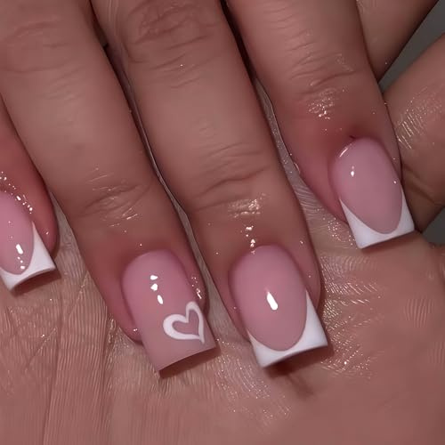 French Tip False Nails - Fake Nails with Glue - 24PCS Pink Heart Press on nails - French Tip Stick on Nails - Medium Square nail Tips Full Cover Long Lasting - Glue on Nails for Women DIY Manicure