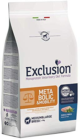 Exclusion Metabolic & Mobility con Maiale e Fibre per Cani Medium e Large. Alimento completo dietetico con formulazione monoproteica animale per ridurre il peso corporeo. 12 Kg
