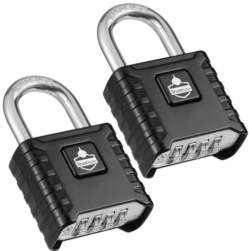 SharkByte 2 Pack Heavy Duty Combination Padlocks [Weatherproof] 52mm 4-Digit Outdoor Locks with 8mm Stainless Steel Shackles, Anti-Rust & Resettable Code Padlocks for Gate, Shed, Garage, Gym - Black