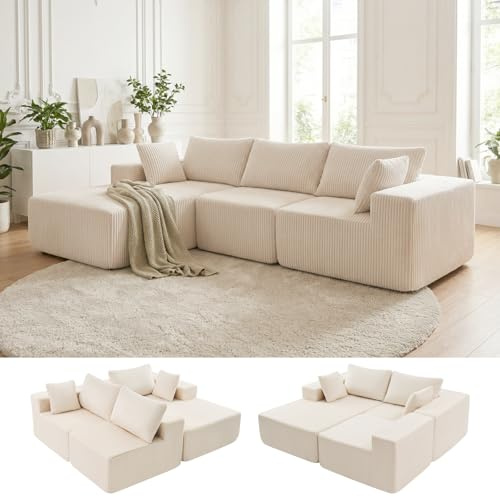 DUMOS 108 L-Shaped Sectional Boneless Couch for Living Room, Upholstered Corduroy Sofa with Deep Seat for Small Apartment, Bedroom, No Assembly in a Box, Left Facing Chaise, Beige