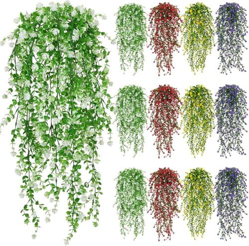 12 Stück künstliche hängepflanzen Kunstpflanze Hängend Kunstblumen Mehrfarb | Plastikpflanzen Kunstpflanze Outdoor Wetterfest Hängend Künstliche Balkonpflanzen Hängeblumen für Balkon Wand Deko Innen