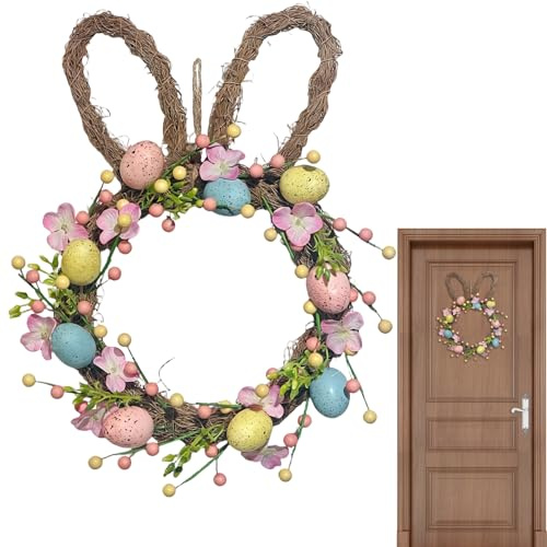 GhirlanDA Porta Coniglietto Pasquale | Ghirlanda Decorativa Uova Fiori Artificiali | Addobbo Pasquale di Benvenuto per la Casa - Per Portico Finestra Parete Festa Decorazioni Pasquali