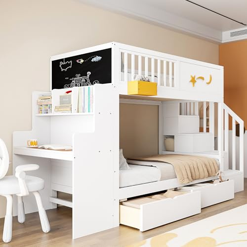 Merax Kinder-Etagenbett 90x200 cm, mit Schreibtisch, Schubladen, Sicherheitstreppe, Aufbewahrung, platzsparend, multifunktional für Jungen und Mädchen, Weiß (ohne Matratze)