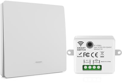 FXSFDFO Funk Lichtschalter Set Ohne Batterie, Kinetischer Funkschalter 230V 10A 2300W, Batterieloser Wandschalter Ohne Stromkabel, RF433 Schalter Funk (Weiß 1gang+1receiver D05)