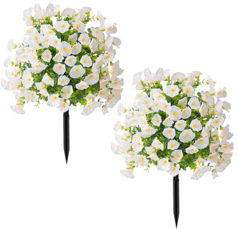 JOYWU 51cm Artificial Boxwood Topiary Ball Trees with Morning Glory Flowers, UV Resistant Faux Plants Outdoor with Spike, Lifelike Fake Evergreen Shrubs Bushes for Porch Garden Decor (White)