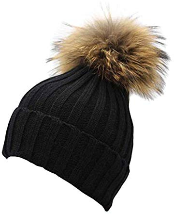 salefun Damen Strick-Mütze gefüttert mit Fell-Bommel, Kunstfell, Winter-Mütze, Bommelmütze Winter Strickmütze Weihnachten Geschenk