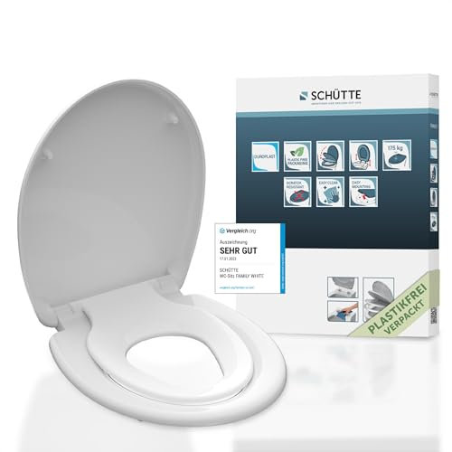 SCHÜTTE WC Sitz Duroplast FAMILY WHITE, Toilettensitz mit Absenkautomatik und Schnellverschluss, Klobrille mit abnehmbarem Kindersitz, maximale Belastung 175 kg, Weiß