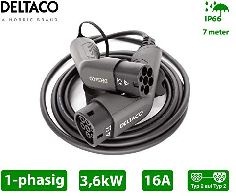 Deltaco EV-Ladekabel für E-Autos und Hybrid Fahrzeuge, Typ 2 auf Typ 2 Ladekabel mit 3,6 kW Ausgangsleistung bei 16A, 1-phasiges Elektroauto Mennekes Kabel, 7 Meter, schwarz