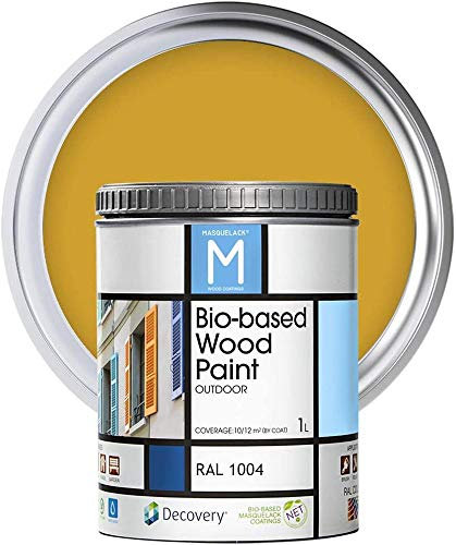 MASQUELACK M Impregnante per Legno Esterno - Giallo - RAL 1004-1 Litro - Protegge dall'Acqua, Umidità e Raggi UV - Vernice Naturale ad Alta Copertura e Rifinitura Semi Opaca - Asciugatura Veloce