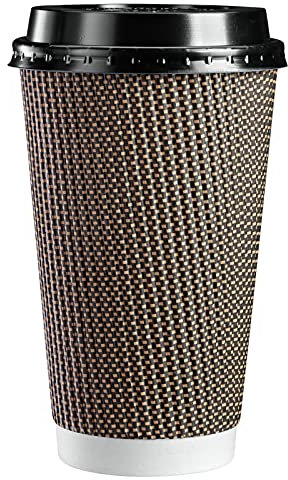 GUSTO [16 oz. - 50 Sets Insulated Brown Patterned Ripple Paper Hot Coffee Cups With Lids (Lids Color May Vary) - Ideal for Hot Beverages, Travel, and Office Use - (Formerly Comfy Package)