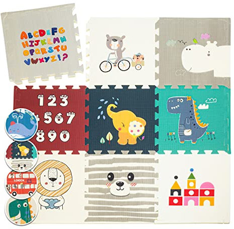 Babify Star Ibaby Alfombra Puzzle para bebés Animals - Espesor 1.5 cm, Antideslizante, Extragrande, Reversible, Impermeable, portátil, de Doble Cara, para niños pequeños y bebés (165x165x1.5cm)