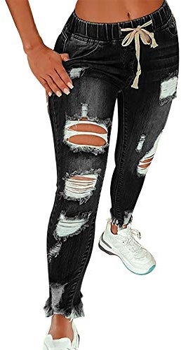 KUNMI Women High Waist Skinny Stretch Ripped Jeans Destroyed Denim Pants Plus Size Black
