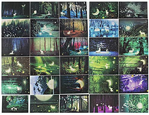Postkarten 30 Stück,Leuchtet im Dunkeln, Premium Postkarten Danksagungskarten Gästebuch Poster-Reisepostkarten,Hirsch und Wald, Freiheit