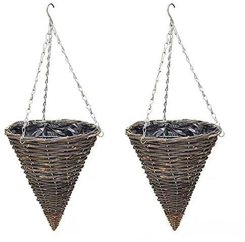 QYLJZB 2 Stück Kegelförmige handgefertigte geflochtene Rattan-Hängekörbe, konische Rattan-Wand-Pflanzkörbe mit Kunststofffolien-Auskleidung für Zuhause, Garten, Hochzeit, Wanddekorationen (24 cm)