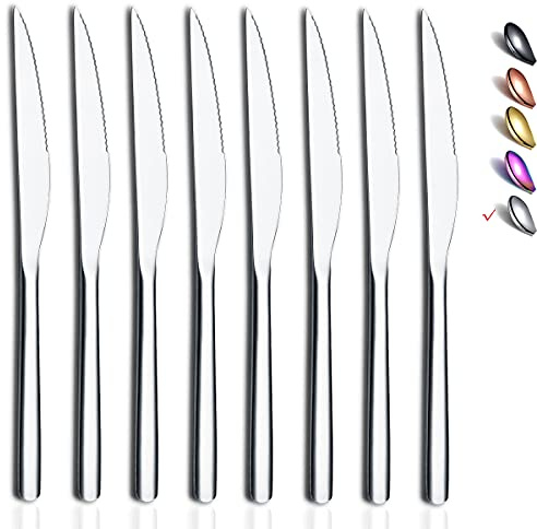 HOMQUEN Steak Knives, 8 Piece Premium Stainless Steel Steak Knife Set, Meat Knife Sets, German Steak Knives Serrated, Tomato Knife, For Home, Kitchen or Restaurant, Dishwasher Safe (Silver-9.2 Inch)