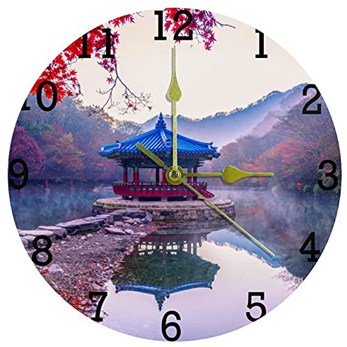 EZIOLY Nature Landscape Pavilion Wall Clock, 10 Inch Silent Non Ticking Quartz Battery Operated Round Wall Clocks for Home/Kitchen/Office/School Clock