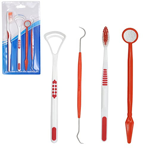 SRV Hub® Kit de cuidado dental de 4 piezas en color rojo, juego de herramientas de limpieza oral, pico dental, espejo dental, limpiador de lengua y cepillo de dientes, herramientas de eliminación de