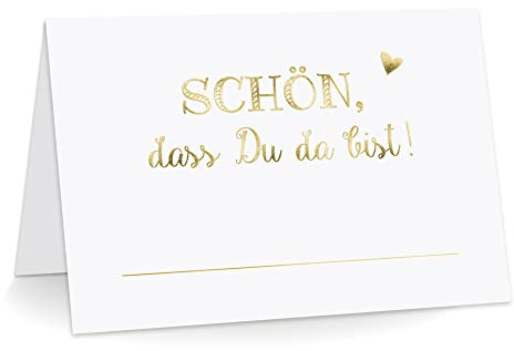 KuschelICH Premium Tischkarten Schön, DASS Du da bist! mit Herz Platzkarten zum selbst Beschriften (Gold, 25)