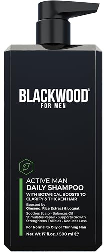 BLACKWOOD FOR MEN Active Man Daily Shampoo - Thickening & Clarifying Shampoo for Normal to Oily Hair or Scalp - Fights Hair Loss - Natural Vegan Formula - Sulfate Free with Ginseng & Aloe Vera (17oz)