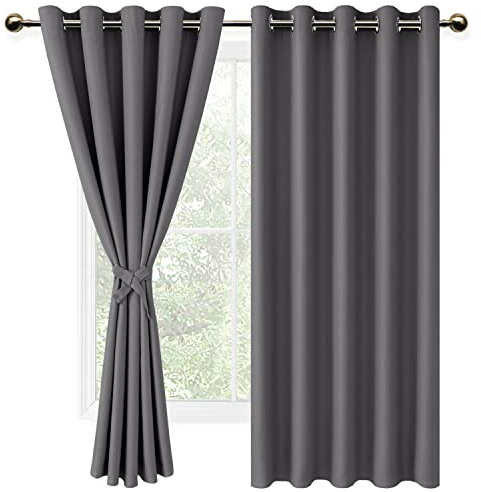 DWCN Vorhang Blickdicht mit Raffhalter Verdunkelungsvorhang mit Ösen | Grau, 137x167cm(HxB), 2 Stücke Thermovorhang Kälteschutz für Schlafzimmer, Abdunkelnde Vorhänge Wohnzimmer Wärmeisolierend