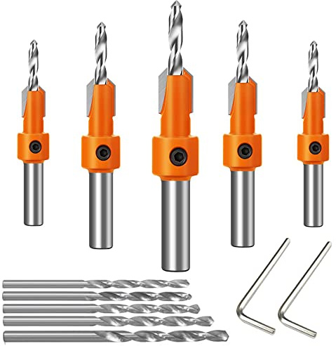ASNOMY 10Pcs Wood Countersink Drill Bit Set With 5Pcs Extra Pilot Bit, Tapered 5/16 Round Shank Counter Sinker for Woodworking