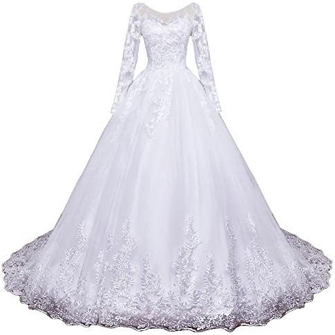 HEULORIA Brautkleider hochzeitskleider Prinzessin Langarm Spitze hochzeitskleid Große Größen mit langem Zug BA-N-OL (as3, Numeric, Numeric_48, Plus, Regular, White)