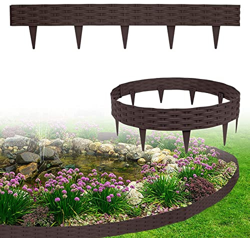 XMTECH 15m Rasenkante Beeteinfassung Gartenpalisade in Rattan-Optik, Beetumrandung Mähkante Randsteine aus Kunststoff mit 15 Elemente á 100 cm, Braun, XM-(3*HAG8485B)