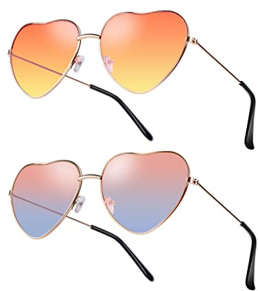 Kiiwah 2 Paare Sonnenbrillen Damen Herz Geformt Sonnenbrille Metallrahmen Retro Sonnenbrille Hippie Brille Party Kostümzubehör