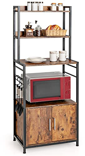 COSTWAY Étagère Cuisine à 4 Niveaux, Support Four à Micro-Ondes Industriel, Crochets S, Meuble Rangement Cuisine, Four Pieds Réglables, Brun Rustique 60x40x150cm