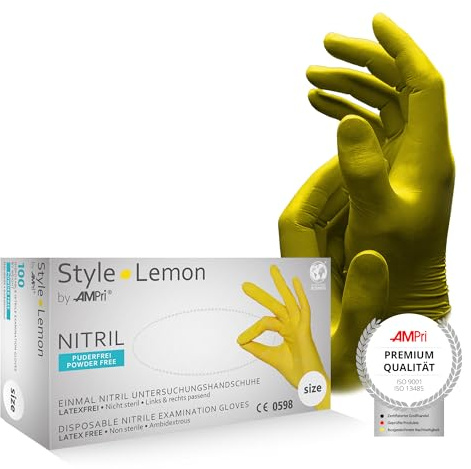 AMPRI Nitrilhandschuhe, gelb, 100 Stück/Box, Größe XL, puderfrei, Style Lemon by Med-Comfort: Nitril Einmalhandschuhe, Einweghandschuhe in den Größen XS, S, M, L, XL