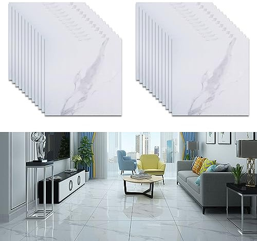 12-24pcs PVC Bodenbelag Selbstklebende 30X30CM, Zement Bodenaufkleber, Wasserfest Fliesenaufkleber Boden Küchenfliesen für Küche, Balkon, Büro, Verdickter 15mm,Marmor Aussehen (C-24 Pcs)
