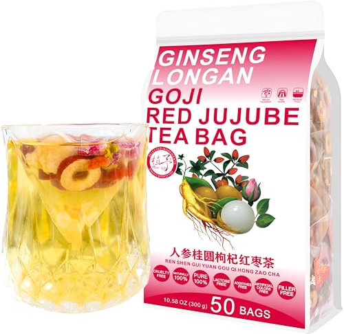 Plant Gift 50 Cups Ginseng Longan Goji Tea Bag (人参桂圆枸杞红枣茶 REN SHEN GUI YUAN GOU QI HONG ZAO CHA) 10.57oz (6g*50bags/300g) Natural Mixed Herbal Combination of Floral Tea
