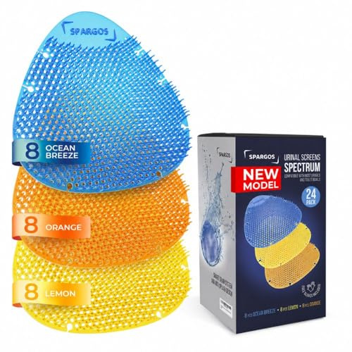 Spargos Urinalsieb mit Duft, 24er Pack Mix, Anti-Spritz | 24 Anti-Spritz Urinalsiebe mit Duft, Mix. Geruchsschutz für Büro, Stadion und Schule. Handschuhe inklusive.