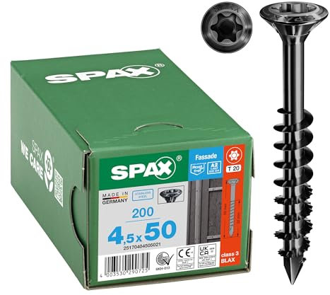 SPAX Facade Screw, 4.5 x 50 mm, Pack of 200, Partially Threaded, Raised Countersunk Head, T-Star Plus T20, Cut Tip, Rustproof Stainless Steel A2 BLAX - 25170404505021